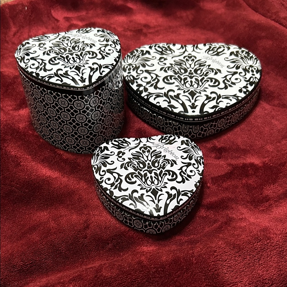 Brighton Black and White Scrolls Fleur French Design Heart Shaped Tins Set of 3